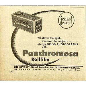 The Gevaert Co. "Panchromosa Rollfilm Gavaert Photo Film" Vintage Print Ad 1949